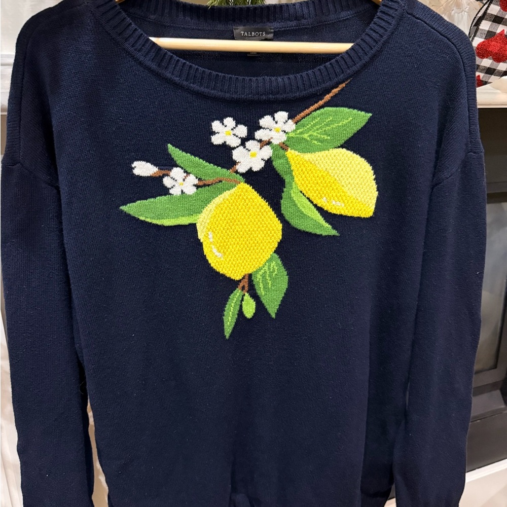 Talbots Navy Sweater with Lemon and Floral Design